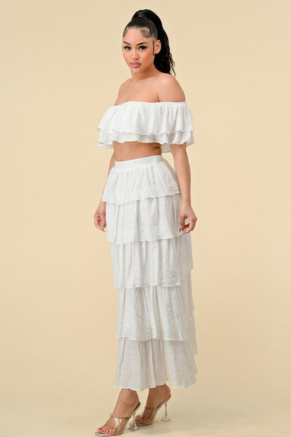 LAYERED OFF SHOULDER TOP AND SKIRT SET