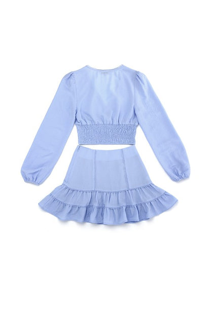 Lace trimmed smocking blouse and skirt set