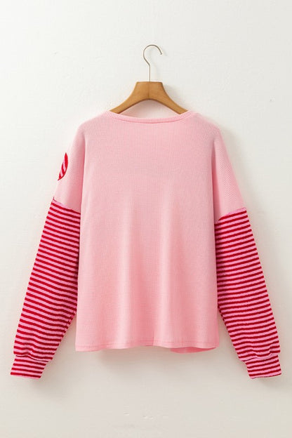 Patch Color Block Striped Sleeve Textured Top