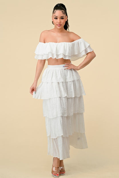 LAYERED OFF SHOULDER TOP AND SKIRT SET